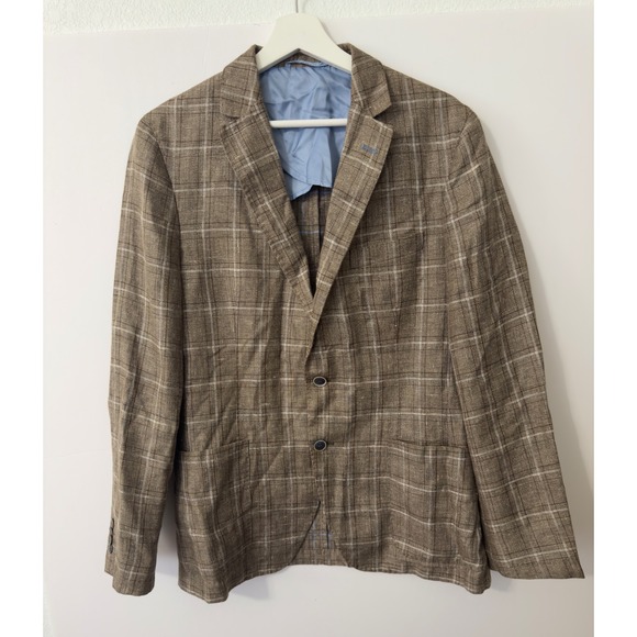 Duffel & Rums Reda Linen Wool Plaid Blazer Mens 50 Brown Blue Sport Coat 5144003
